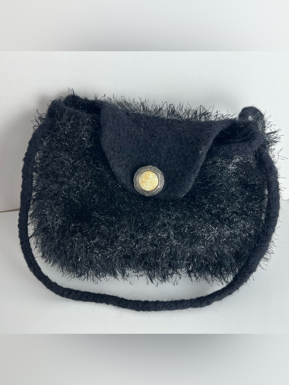 Handmade Black Faux-Fur & Felted Shoulder Bag w/Vintage Button Accessory